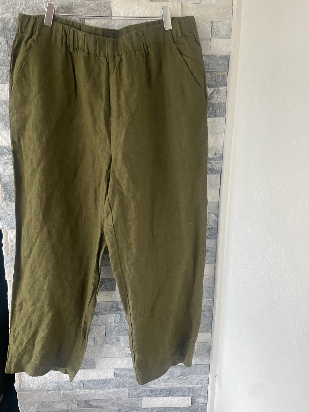 Women’s QUINCE Crop 100% Linen High Rise Pants-Green-Large